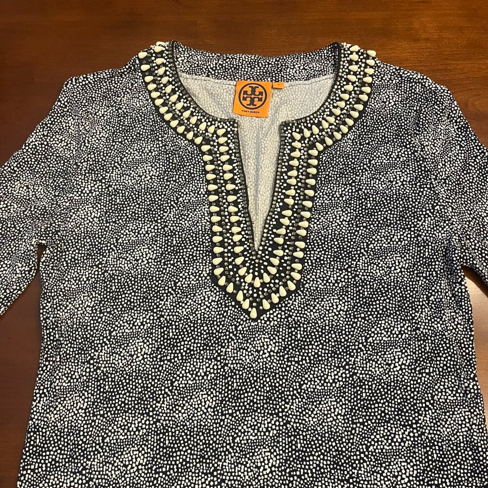 Tory Burch Blue & White Silk Beaded Print Blouse Tunic Top S - Picture 6 of 8